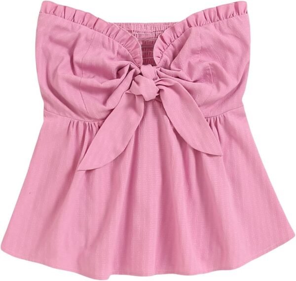 Women's Frill Trim Tie Front Tube Top Sleeveless Strapless Ruffle Summer Tops