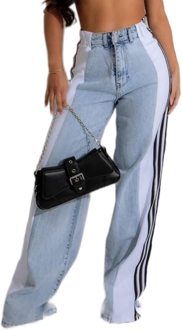 Women’s Jeans with Patchwork Stripes High Waist Loose Denim Color Block Jean Straight Wide Leg Pants