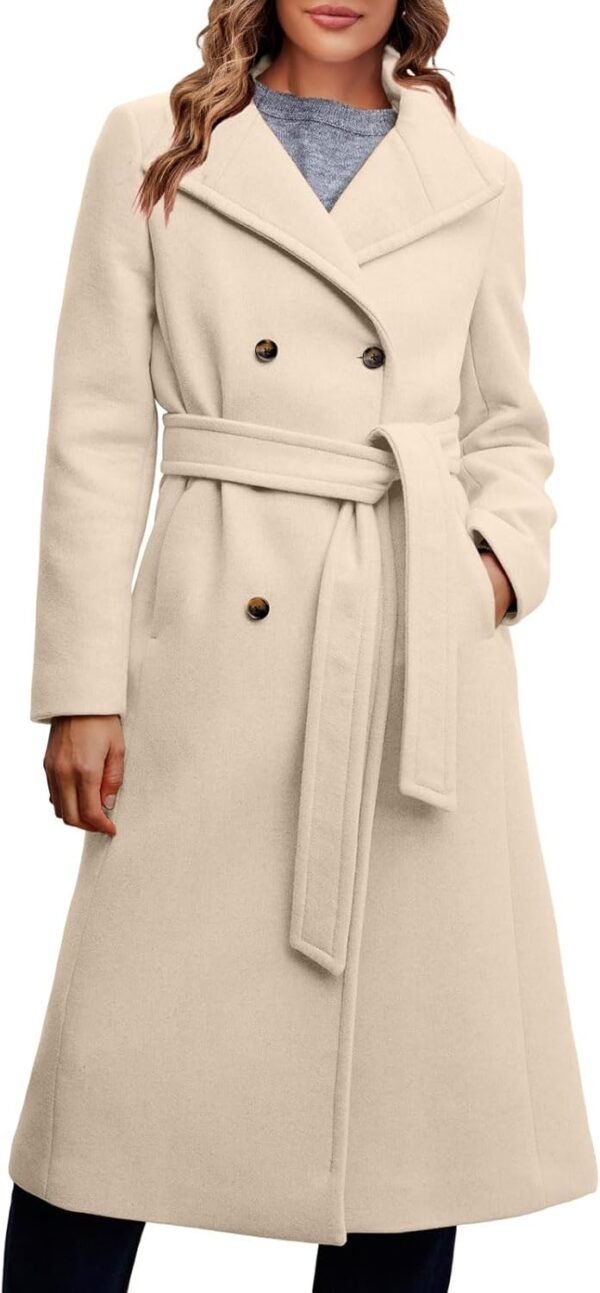 Women Double Breasted Coats Long Winter Work Office Overcoat Pocketed Outwear with Belt