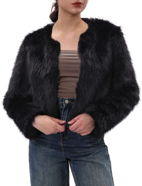 Women's Faux Fur Cropped Coat Pockets Long Sleeve Open Front Winter Jacket