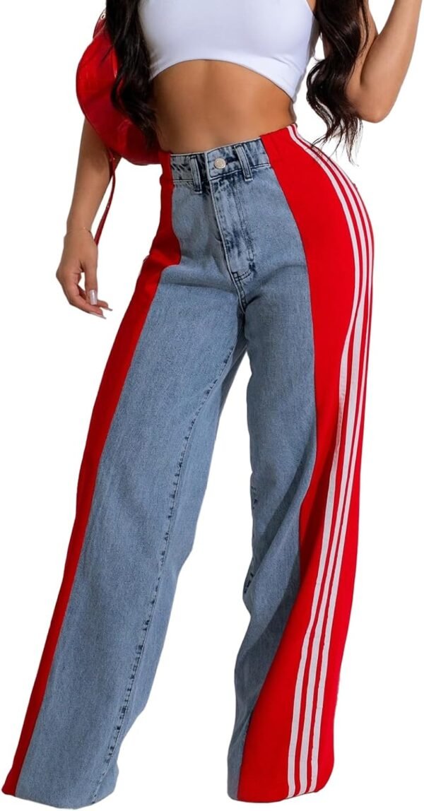 Women’s Jeans with Patchwork Stripes High Waist Loose Denim Color Block Jean Straight Wide Leg Pants