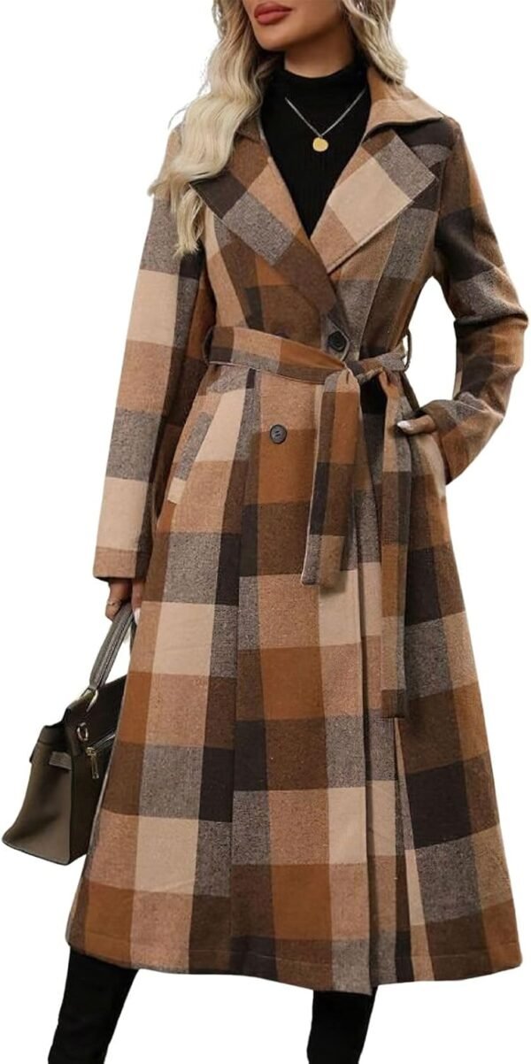 Women's Elegant Wool Plaid Notch Lapel Double Breasted Maxi Woolen Overcoat Belted Peacoat with Pockets