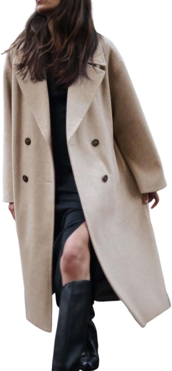 Women's Notched Collar Wool Blend Pea Coat Winter Double Breasted Trench Coat Long Oversized Button Down Overcoats