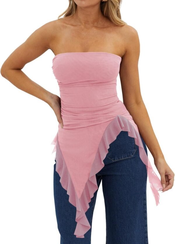 Womens Asymmetrical Tube Top Strapless Ruffle Hem Slim Fitted Shirts  Going Out Tops