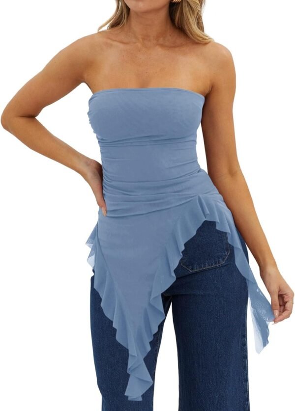 Womens Asymmetrical Tube Top Strapless Ruffle Hem Slim Fitted Shirts  Going Out Tops
