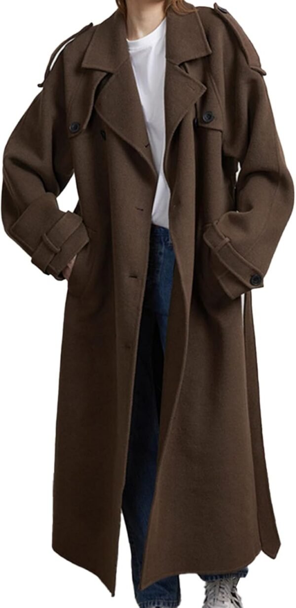 Women's Winter Double Breasted Long Coat Notch Lapel Long Sleeve Wool Blend Trench Coat with Belt