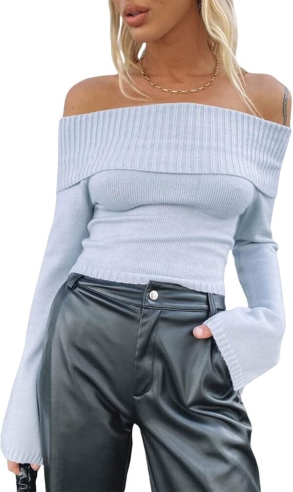 Women Sexy Knit Slim Crop Tee Shirts Square Neck Cutout Long Sleeve Sweater Casual Blouse Ribbed Tops