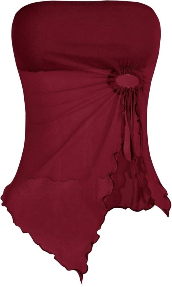 Women's Mesh Drawstring Split Tube Top Strapless Sleeveless Asymmetrical Hem Summer Tops