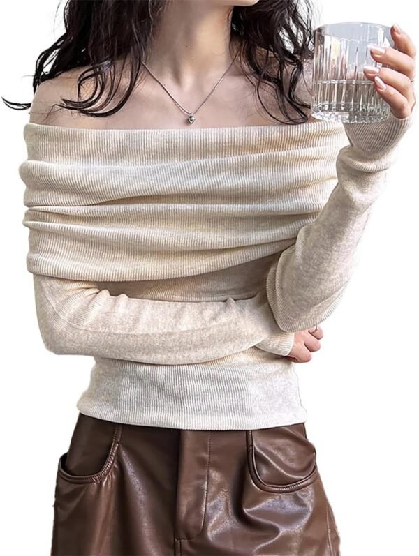 Women Long Sleeve Off The Shoulder Sweater Tops Sexy Shirt Black White Red Cute Ribbed Fiited Blosue