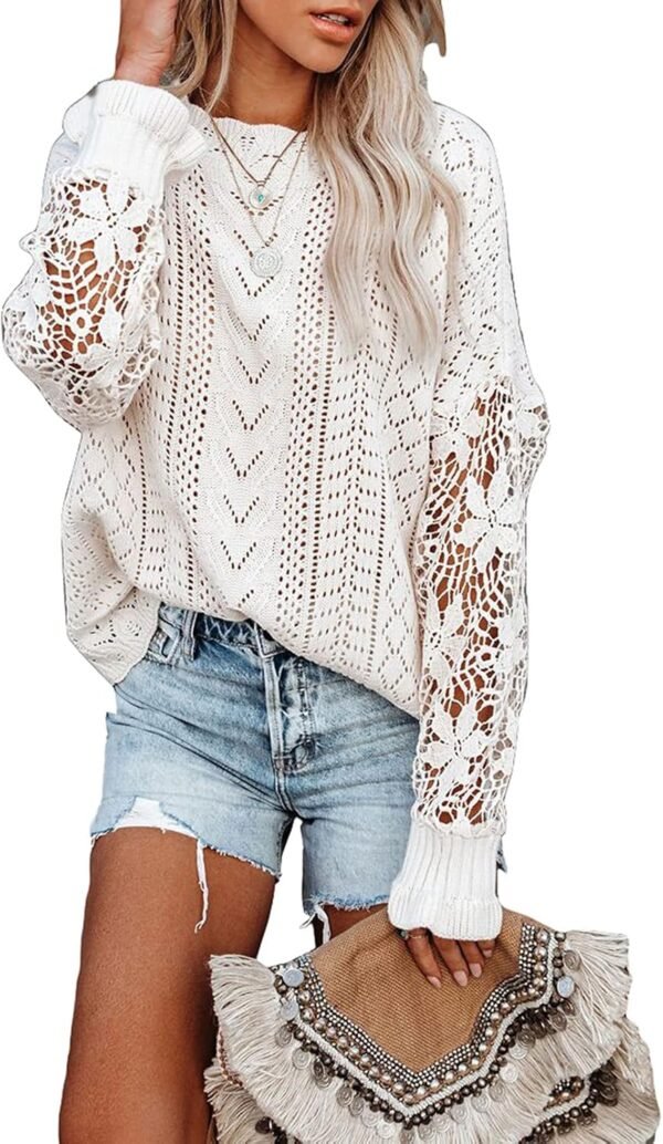 Womens Crewneck Crochet Lace Long Sleeve Hollow Out Cable Knit Sweaters Pullover Tops