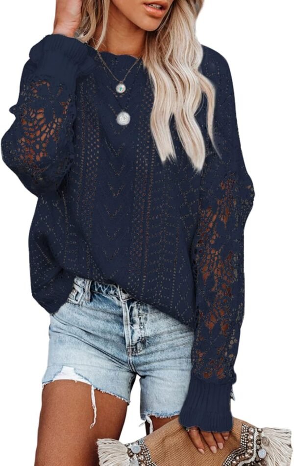 Womens Crewneck Crochet Lace Long Sleeve Hollow Out Cable Knit Sweaters Pullover Tops