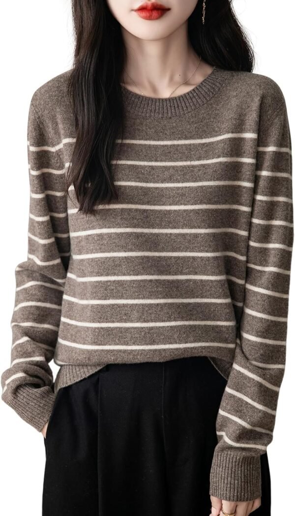 Women's 100% Merino Wool Sweater 2026 Fall Winter Crew Neck Striped Long Sleeve Warm Soft Knit Sweater