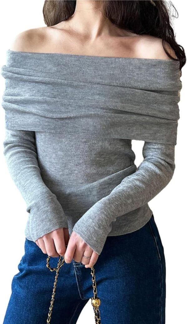 Women Long Sleeve Off The Shoulder Sweater Tops Sexy Shirt Black White Red Cute Ribbed Fiited Blosue