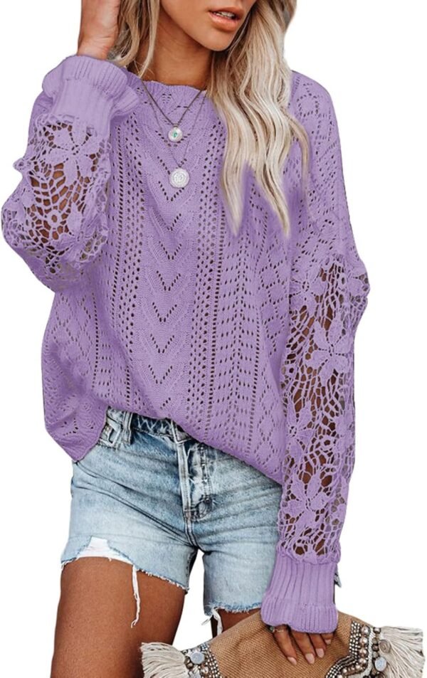 Womens Crewneck Crochet Lace Long Sleeve Hollow Out Cable Knit Sweaters Pullover Tops