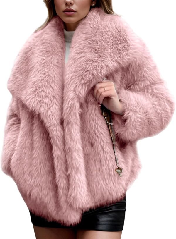 Women's Cropped Faux Fur Jacket Lapel Open Front Shaggy Furry Coat 2026 Winter Warm Fluffy Overcoat