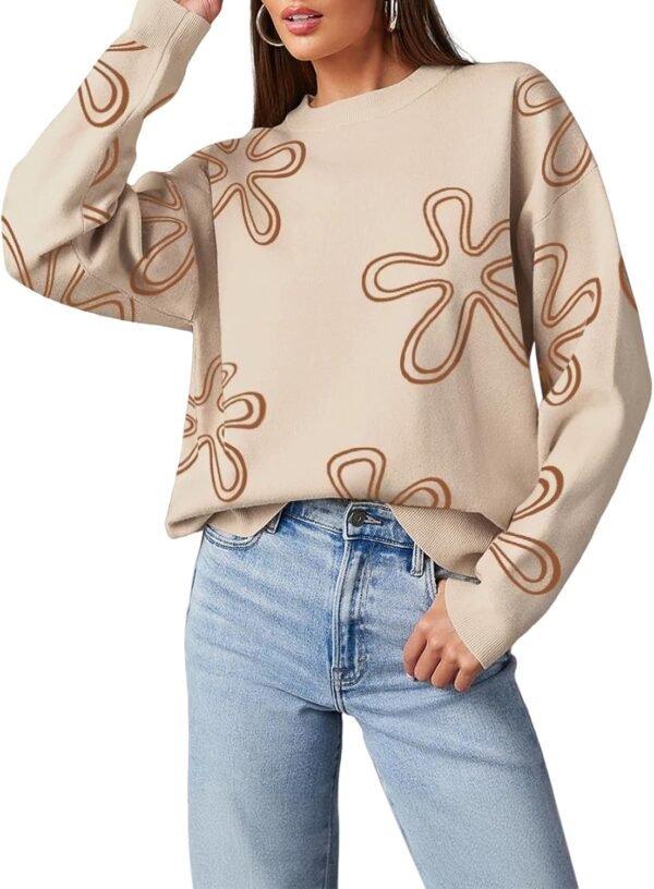 Sweaters for Women Casual Crewneck Long Sleeve Floral Print Cable Knit Pullover Sweater Tops