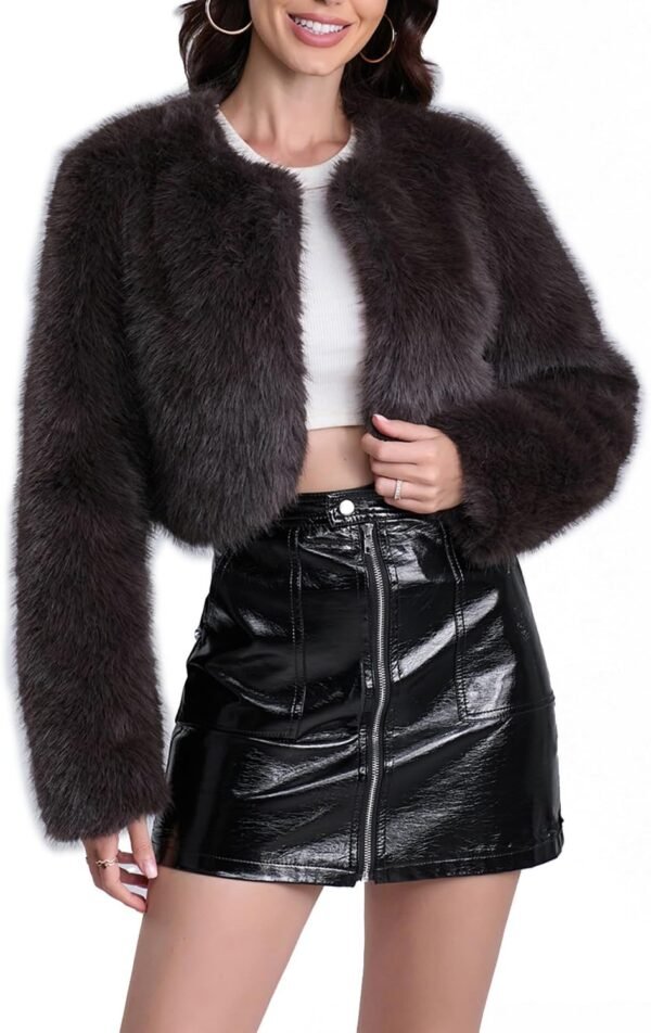 Women's Faux Fur Cropped Coat Long Sleeve Open Front Winter Jacket