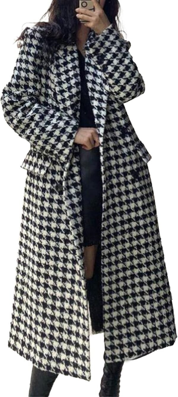 Women's Winter Houndstooth Double Breasted Trench Coat Notch Lapel Wool Blend Warm Quilted Lined Long Overcoat