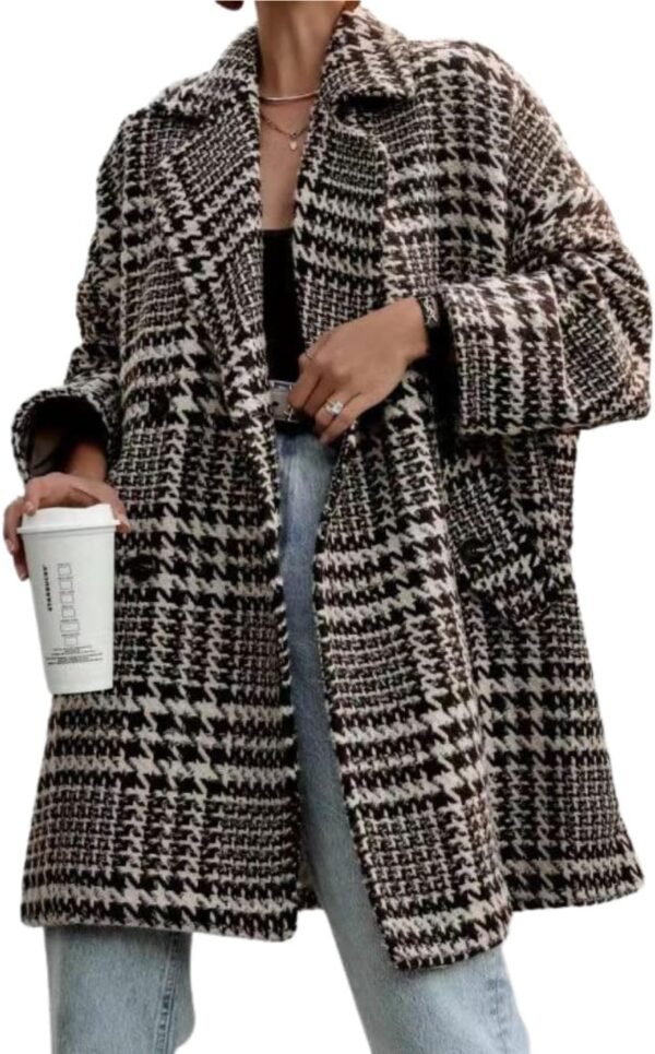 Women Winter Houndstooth Wool Blend Coat Notch Lapel Loose Warm Mid Long Double Breasted Peacoat