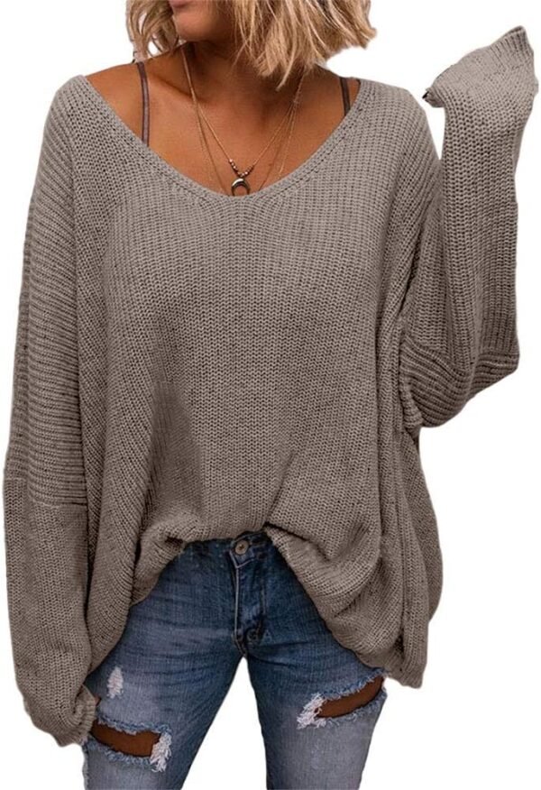 Women's V Neck Long Sleeve Knit Loose Oversized Pullover Sweater Top