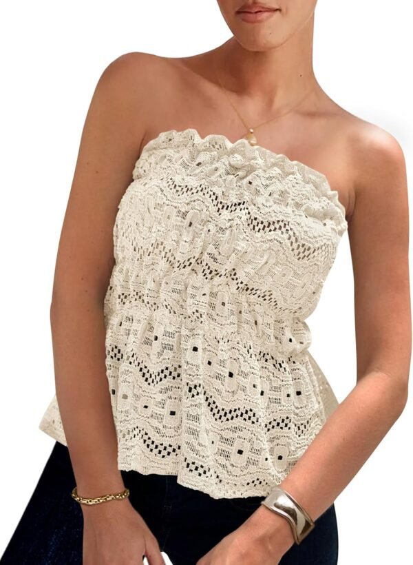 Women's Boho Tube Tops 2026 Summer Strapless Off Shoulder Eyelet Smocked Peplum Trendy Going Out Bandeau Top