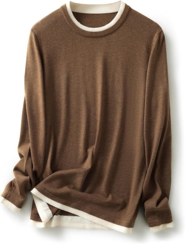 Women's Merino Wool Blend Sweater Fall Winter Fake Two Piece Color Block Shirt Crewneck Long Sleeve Knit Pullover